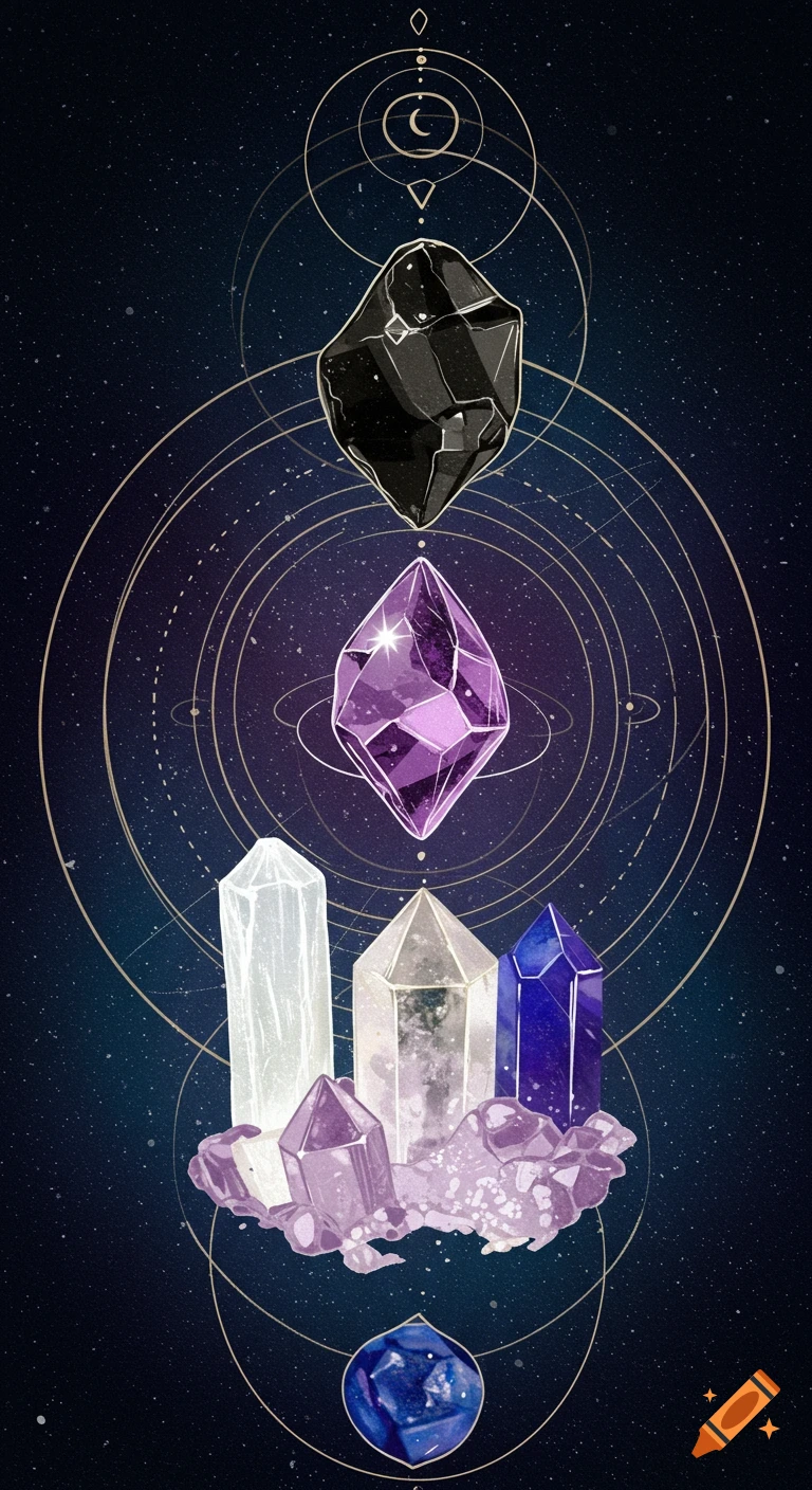 An abstract illustration of various colored crystals (black, purple, clear, blue) arranged vertically against a dark starry background with golden astrological patterns.