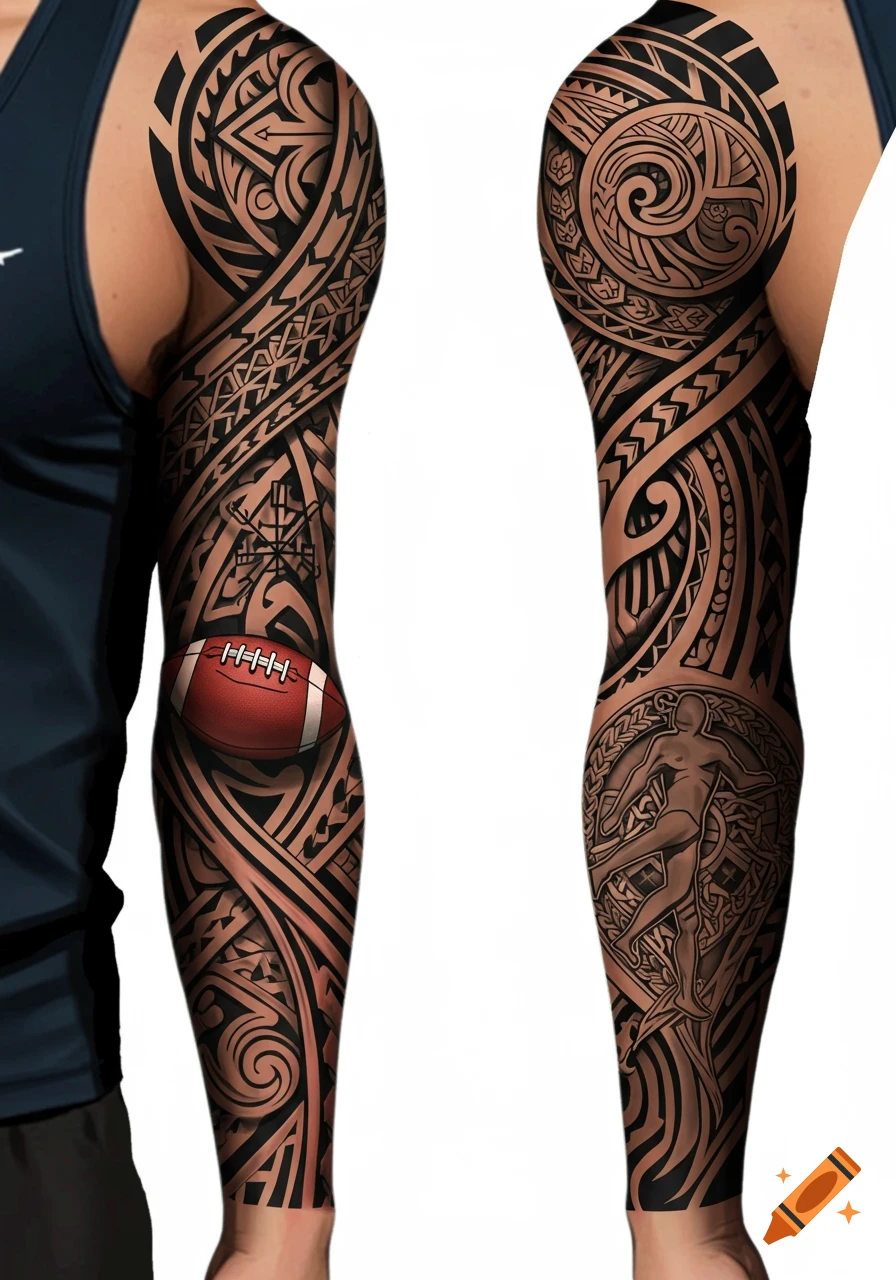 Two arms with full sleeve tribal tattoos featuring intricate patterns, one arm has a red football integrated into the design, the other a stylized figure.