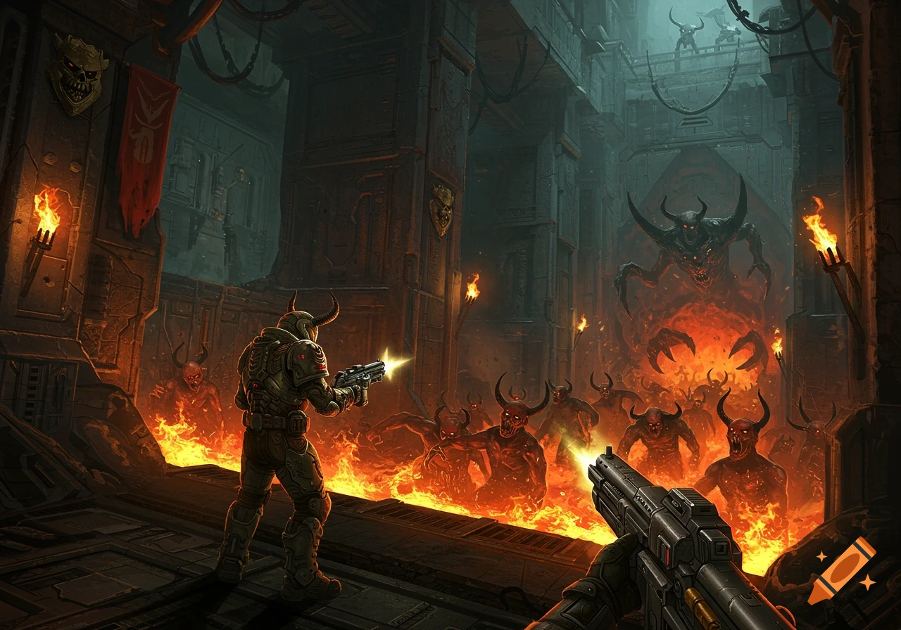 Armored space marine battles horned demons in a fiery, dark, hellish industrial setting from a first-person shooter game.