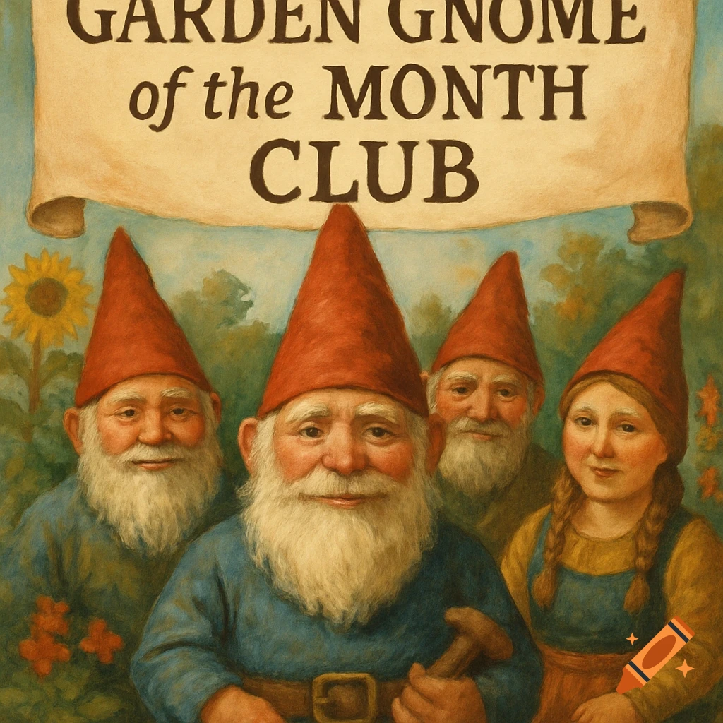 An oil painting of four garden gnomes with red hats and white beards standing under a banner that reads "GARDEN GNOME of the MONTH CLUB."