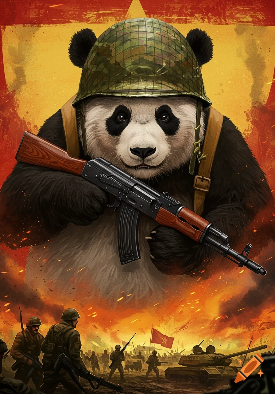 A panda wearing a military helmet and holding an AK-47 stands over a chaotic battle scene with soldiers and tanks in a propaganda poster style.