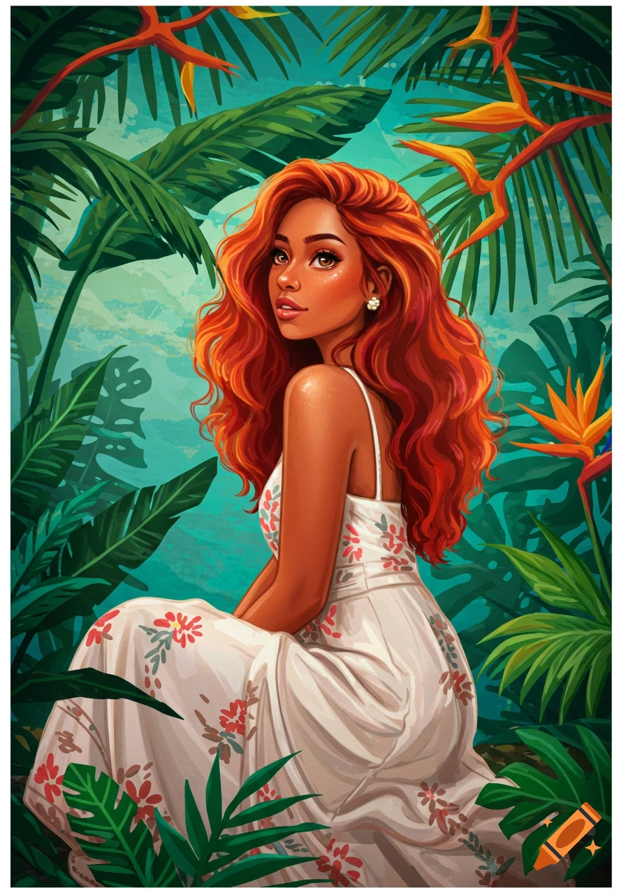 An illustration of a woman with long red hair wearing a white floral dress, sitting among green tropical leaves and orange flowers.