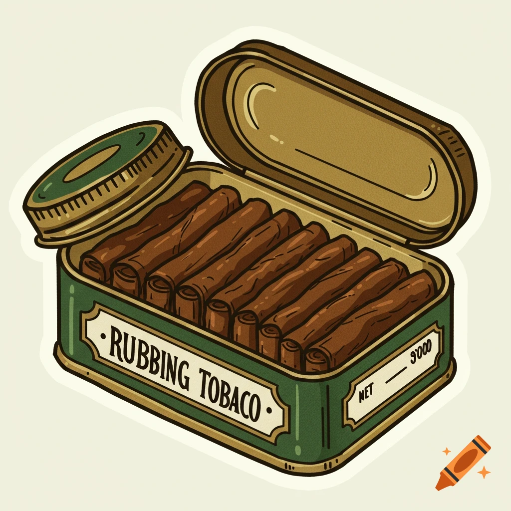 A vintage-style green tin labeled 'RUBBING TOBACCO' filled with brown rolled tobacco, with the lid open beside it.