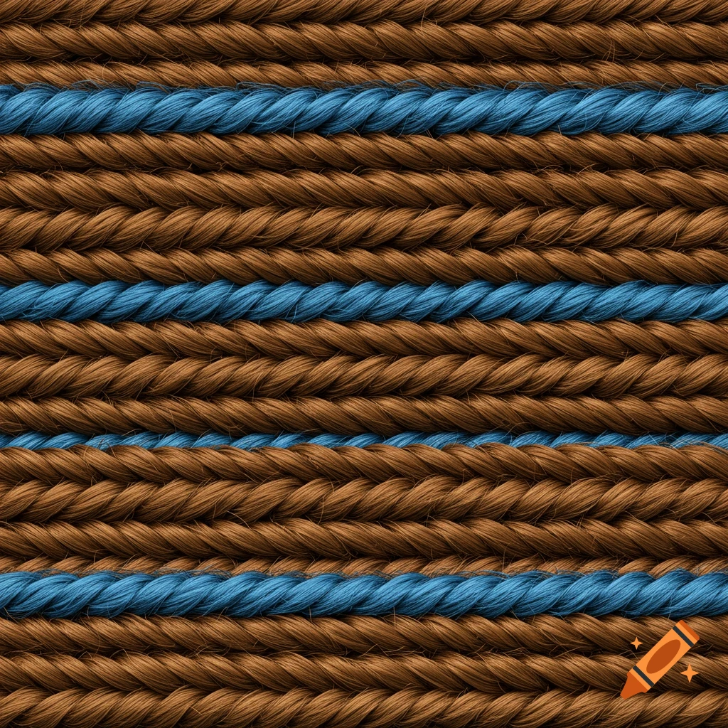 A close-up, photorealistic image of brown and blue woven yarn creating a striped pattern.