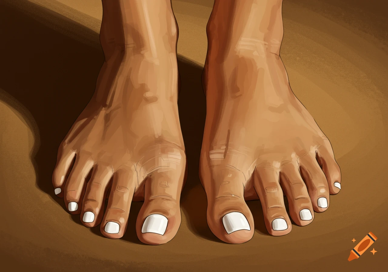 An illustration of two bare feet with white, rounded toenails.