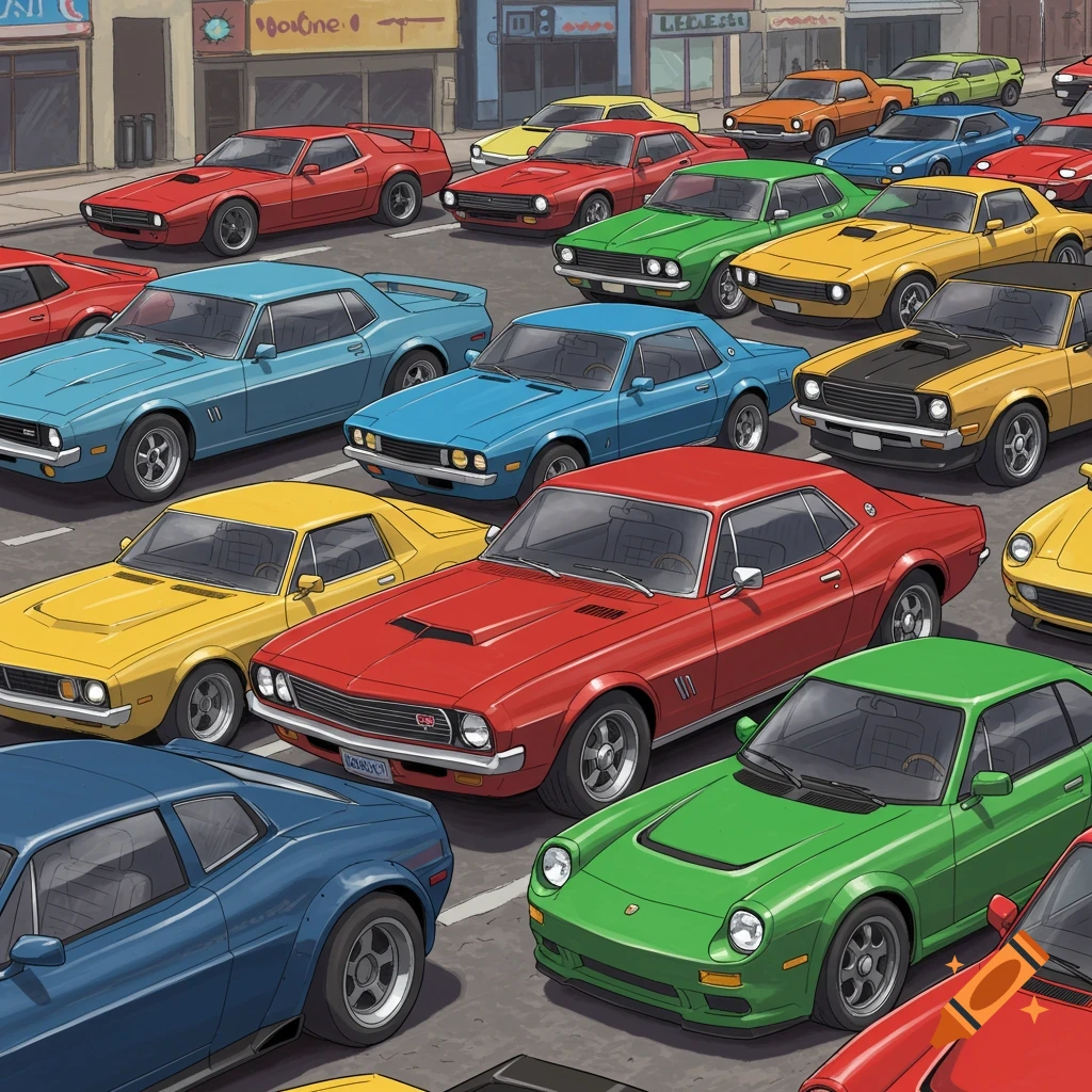 A crowded street filled with many different colorful cars from various eras, parked closely together in a cartoonish style.