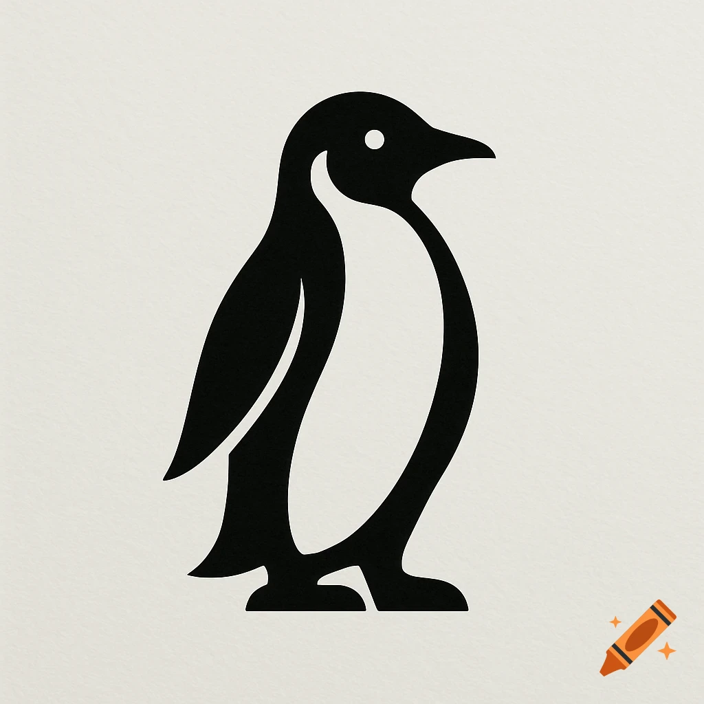 A minimalist black and white logo of a penguin standing upright.