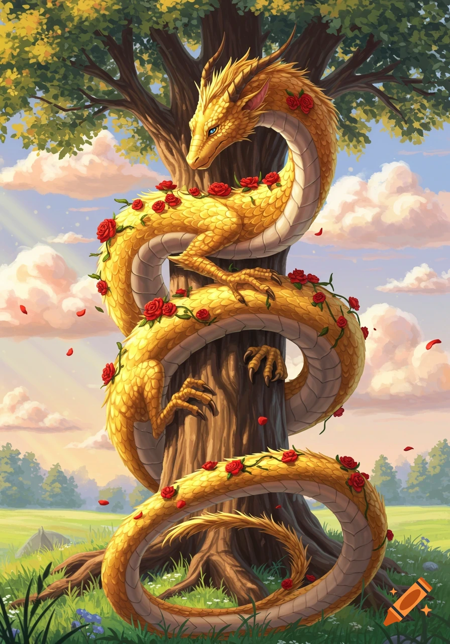 A vibrant illustration of a golden dragon adorned with red roses, wrapped around a large tree in a sunny, natural landscape.