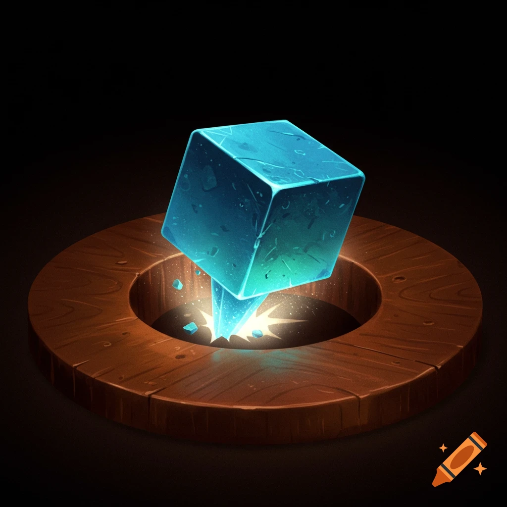 A glowing, cracked blue cube descends into a round wooden hole, casting bright light from the point of impact.