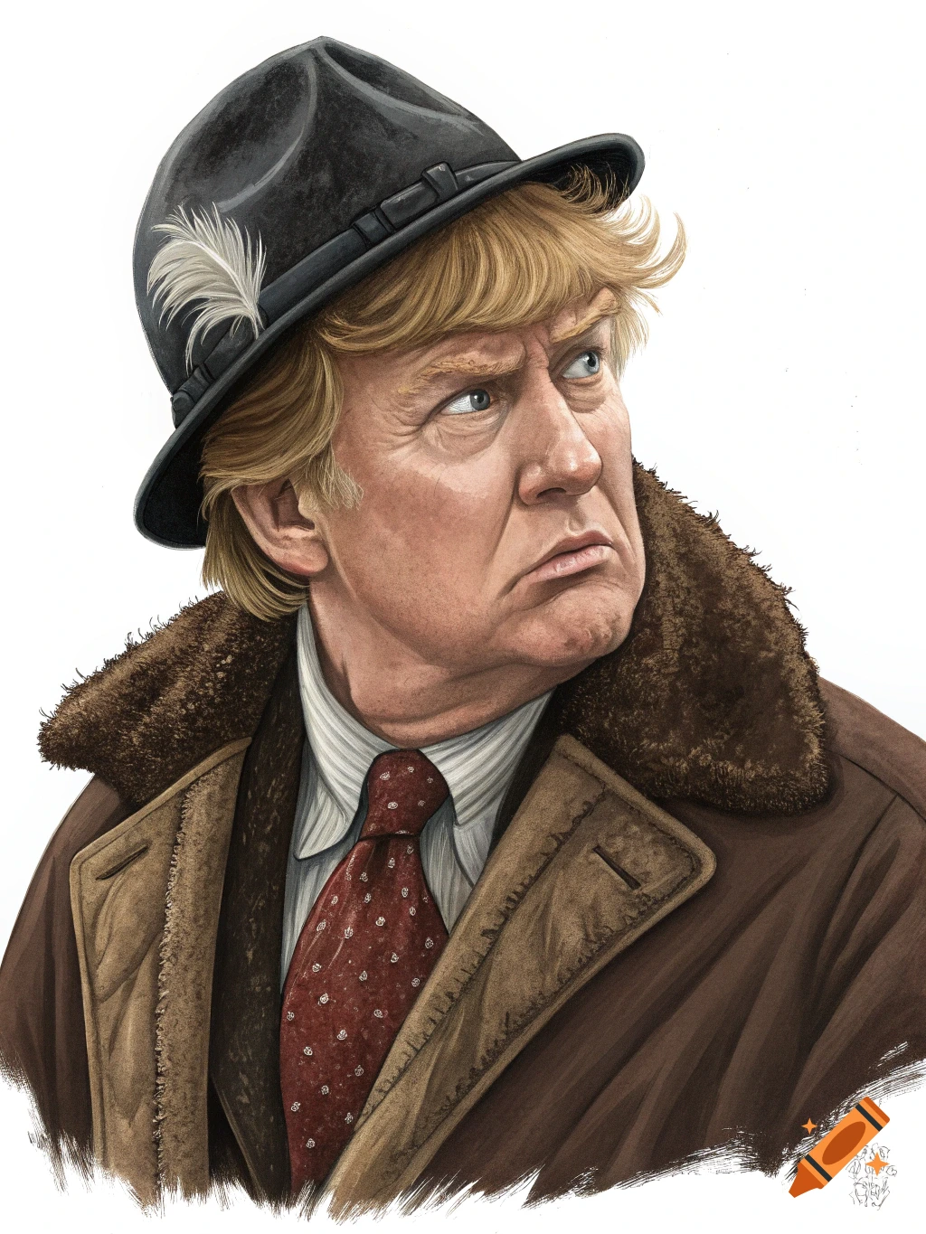 Caricature of Donald Trump as Scut Farkus, wearing a fedora with a feather and a brown fur-collared coat, with a stern expression.