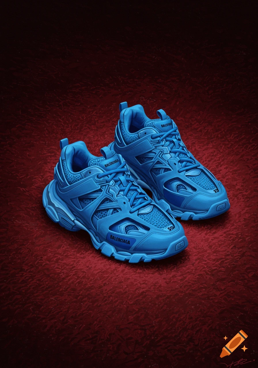 Two bright blue Balenciaga sneakers on a dark red textured carpet, studio shot.