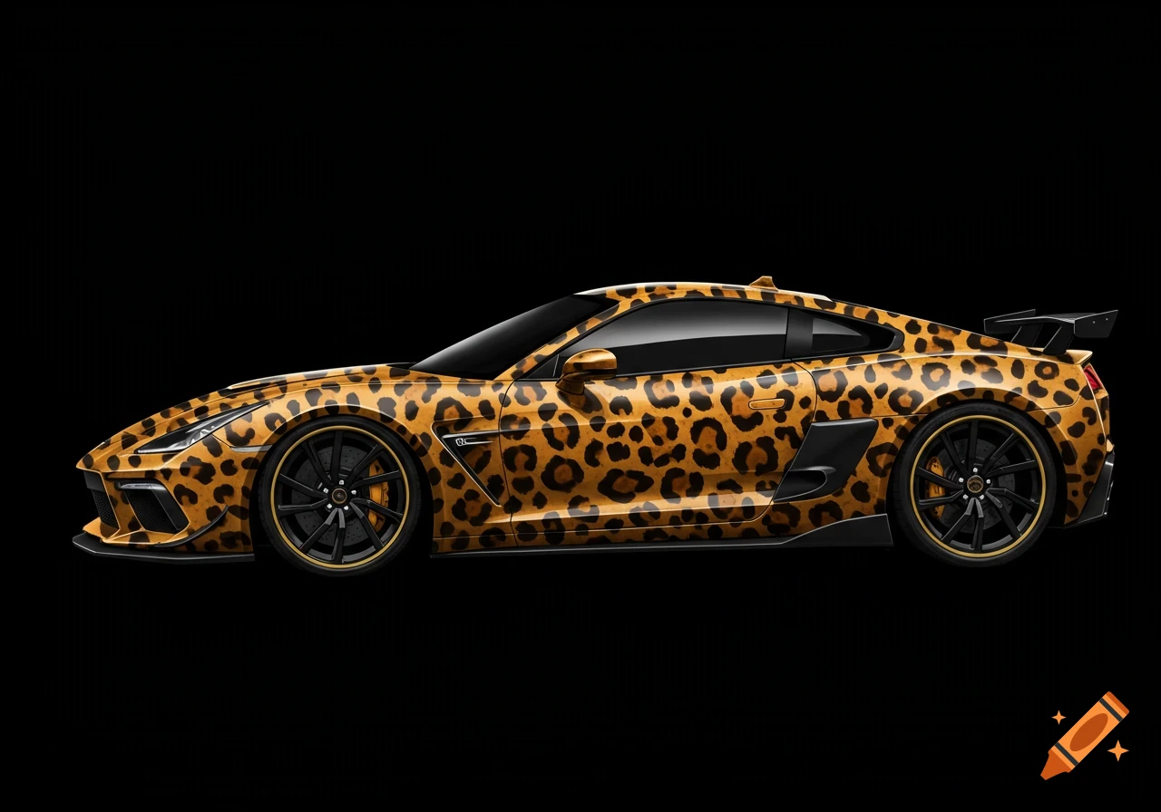 A photorealistic sports car with a vibrant leopard print design, viewed in profile against a black background.