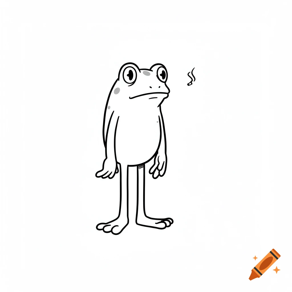 Simple black and white line art drawing of a cartoon frog standing on two legs, with one arm at its side and smoke subtly rising near its head.