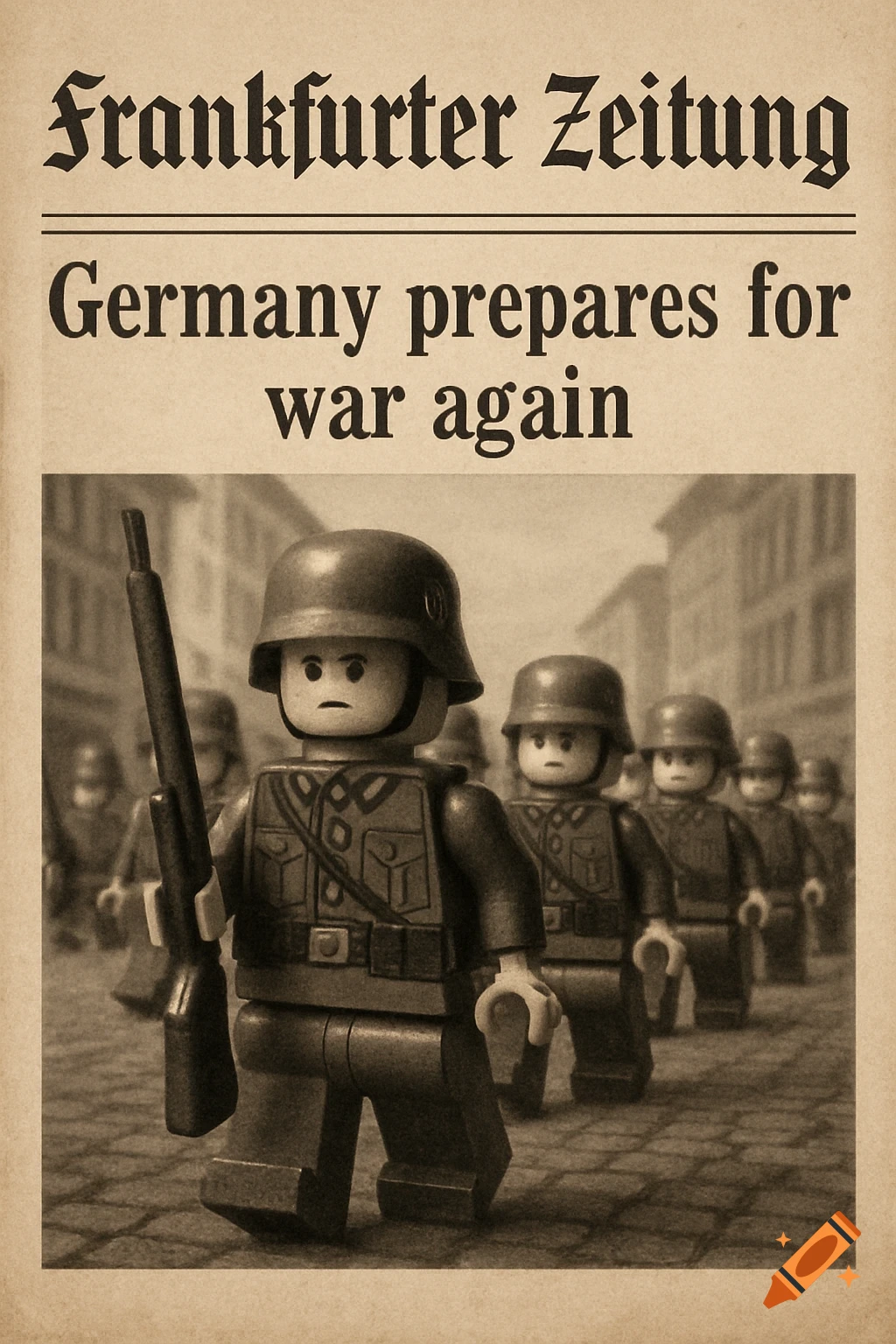 Sepia-toned image of Lego German soldiers marching on a street, shown on a newspaper with the headline 'Germany prepares for war again' and title 'Frankfurter Zeitung'.
