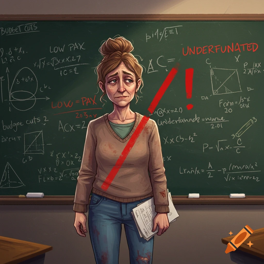 A sad female teacher with hair in a bun stands in a classroom, holding papers. Behind her, a green chalkboard has math equations and text like "BUDGET CUTS" and "UNDERFUNATED" written on it. Cartoon style.