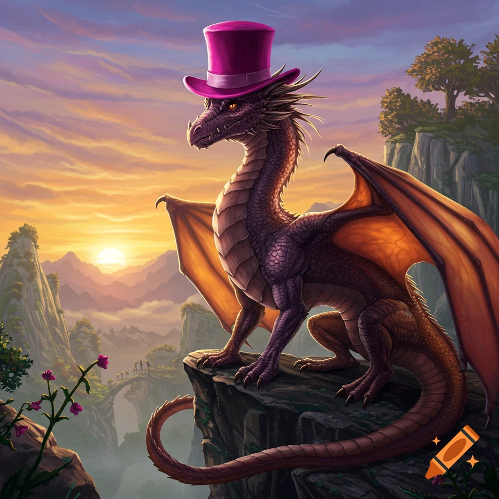 A purple and orange dragon wearing a pink top hat perches on a cliff overlooking a fantasy mountain landscape at sunset.