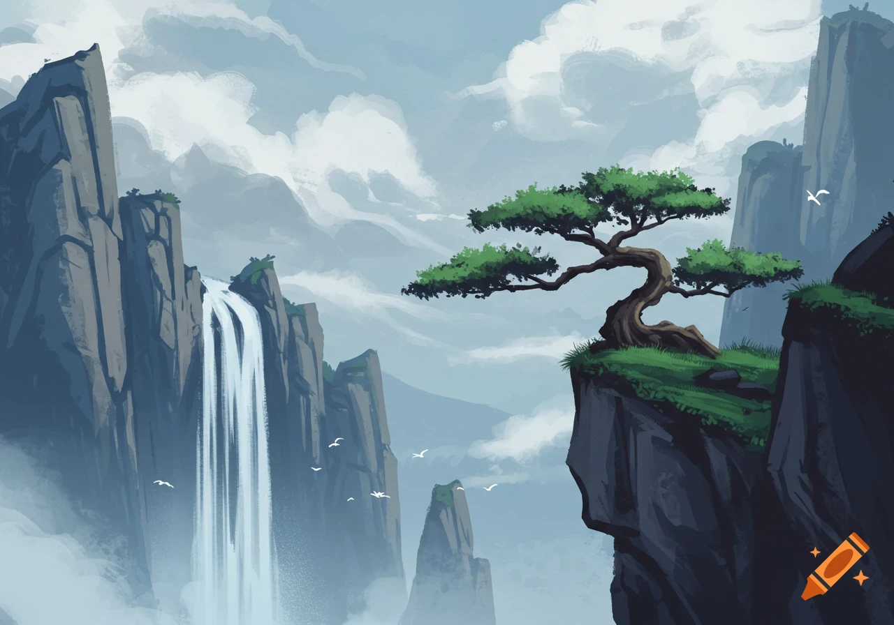 Stylized Asian landscape with a waterfall cascading from towering cliffs, a lone gnarled tree on a high ledge, and birds in the misty sky.