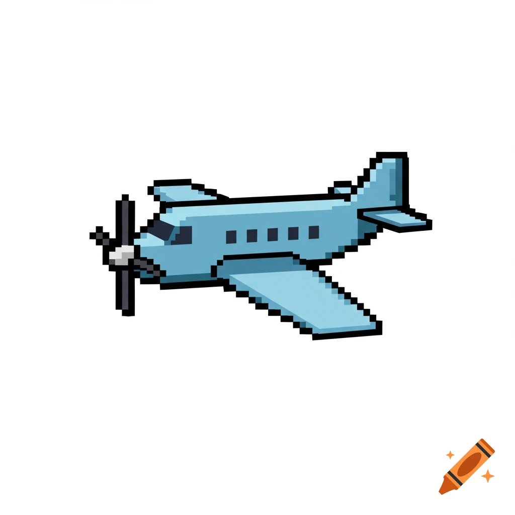 A light blue pixel art plane with a propeller on a white background.
