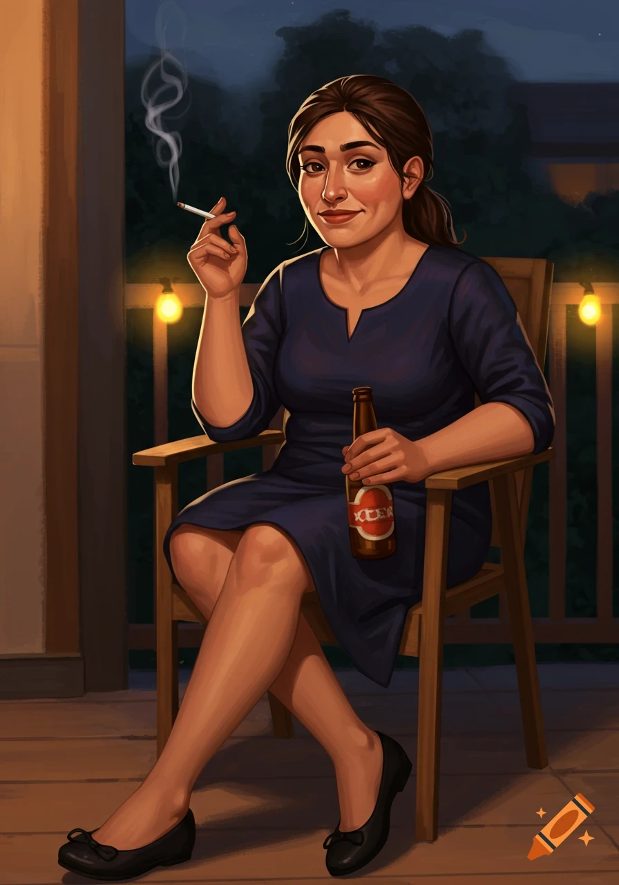 A woman in a blue dress sits on a porch at dusk, smoking a cigarette and holding a beer bottle in an illustrated style.