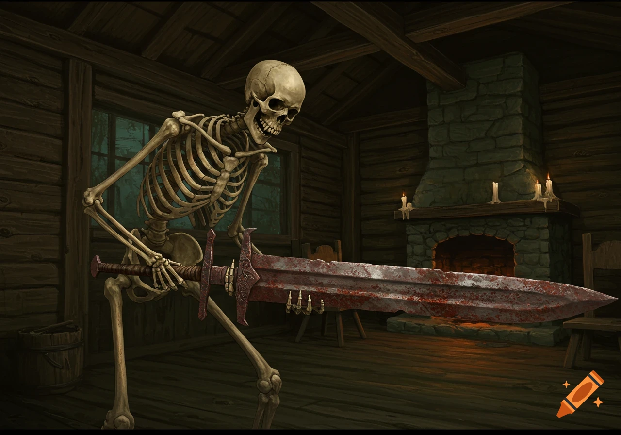 A skeletal figure holding a large, blood-stained sword stands inside a rustic wooden cabin with a stone fireplace.