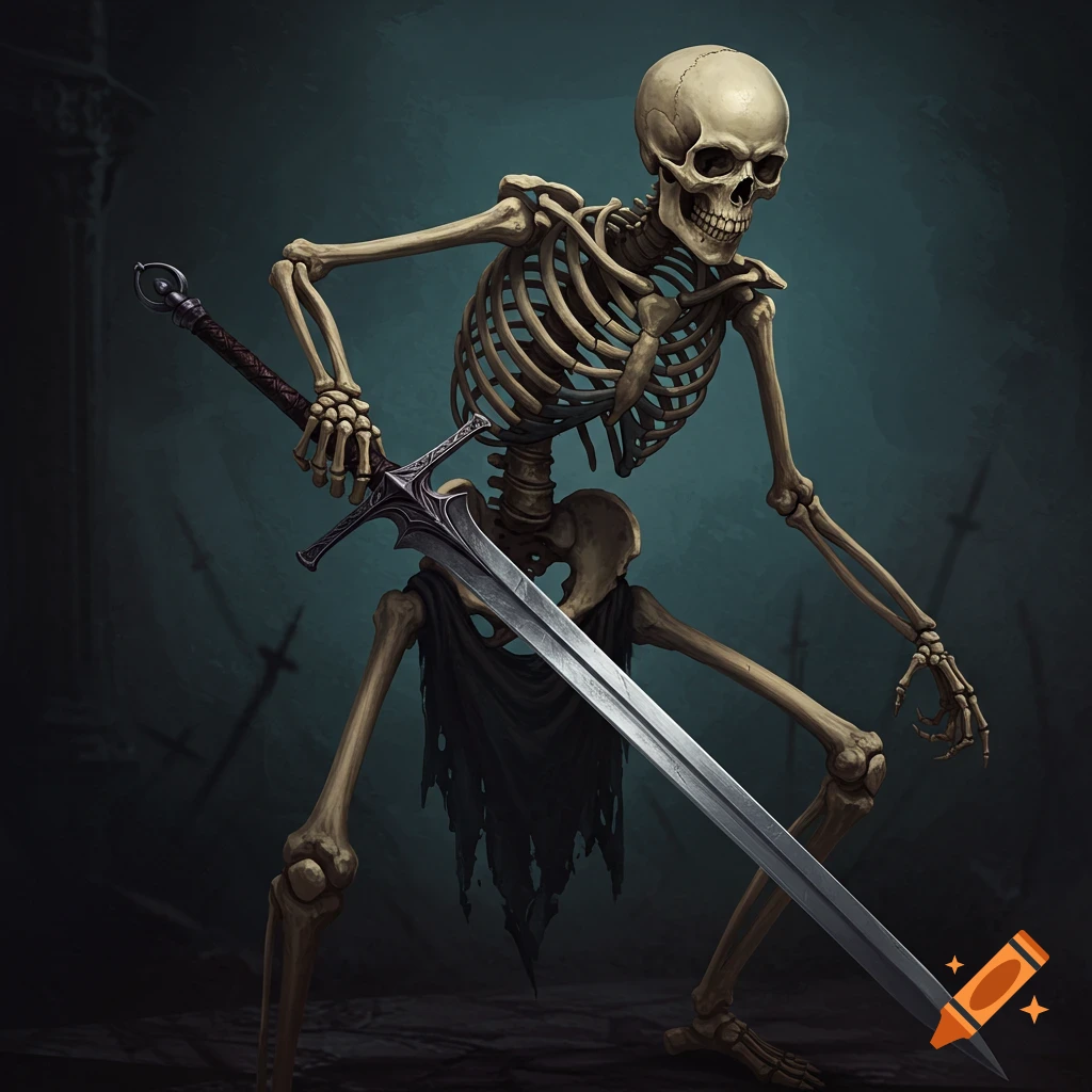 A skeletal warrior in a dark setting holds a large, ornate sword.