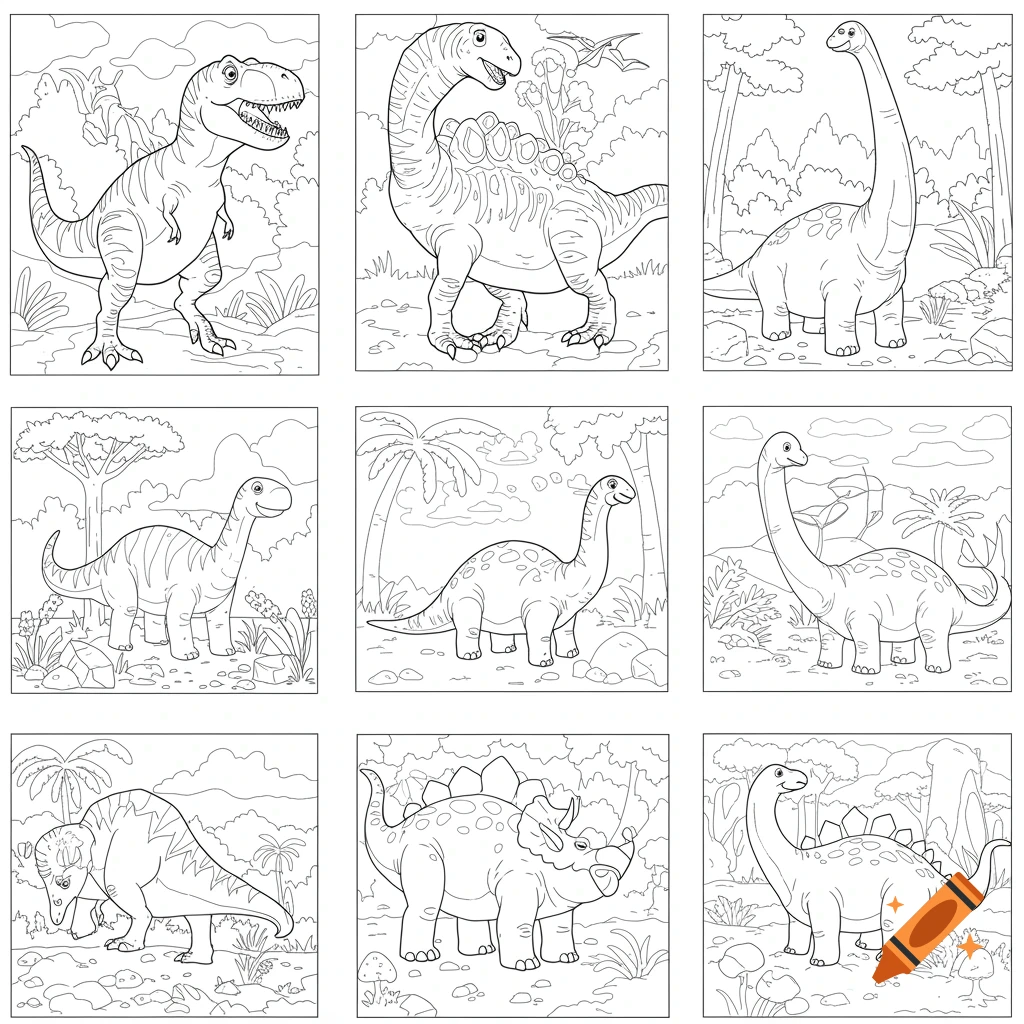 A grid of nine black-and-white line art illustrations of various dinosaurs like T-Rex, Brachiosaurus, and Triceratops in prehistoric settings, designed for a coloring book.