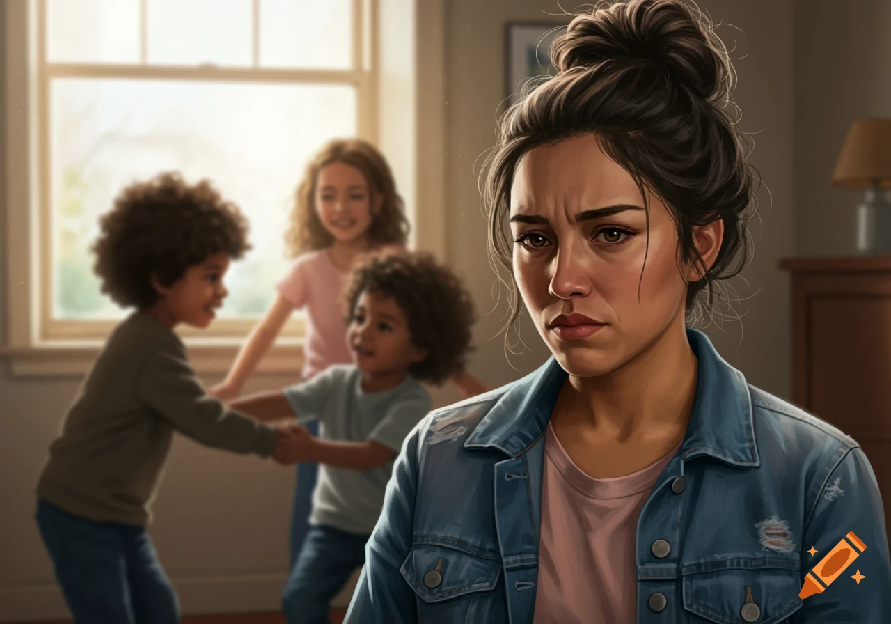 A photorealistic image of a distressed woman in a denim jacket looking concerned, with three children playing in a brightly lit room behind her.