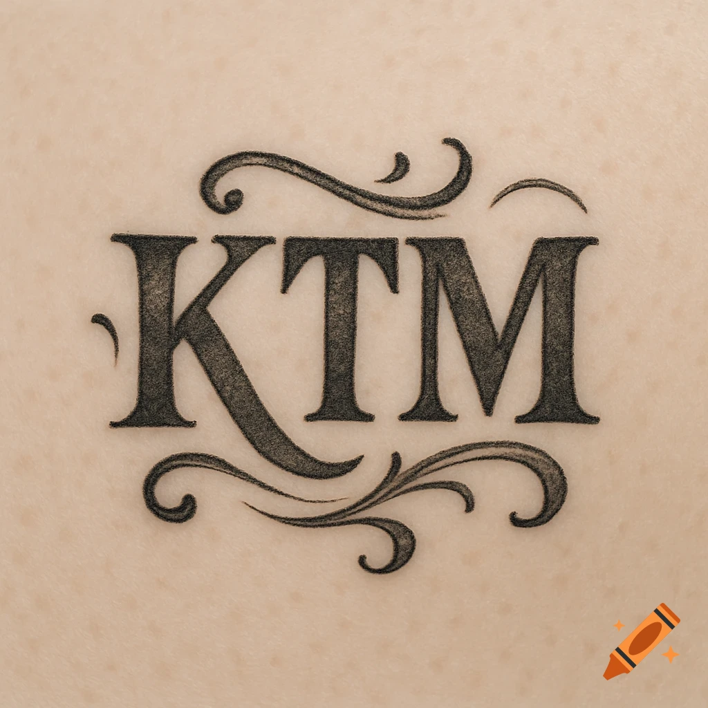 A close-up of a black stylized 'KTM' tattoo with ornamental flourishes on light-toned skin.
