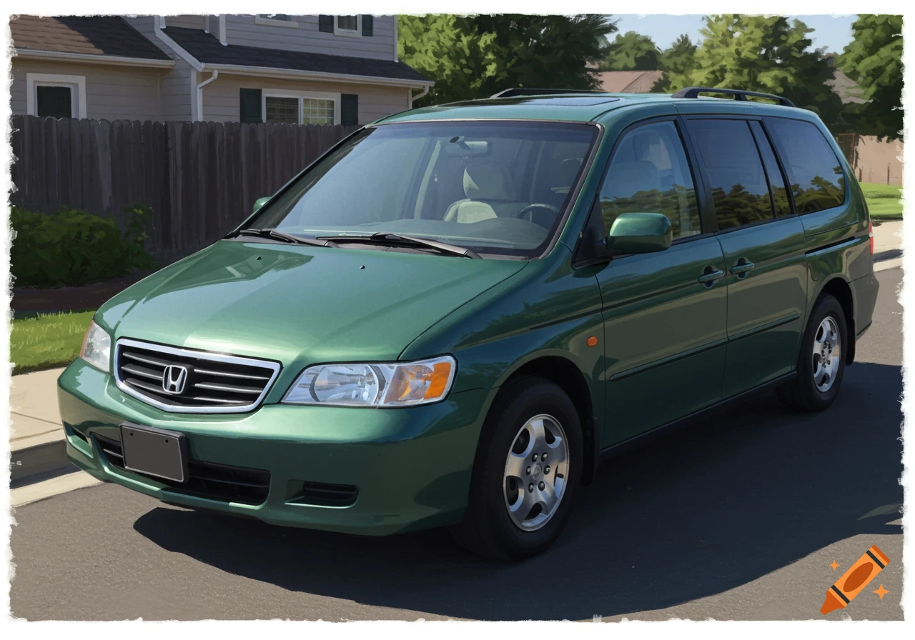 A green Honda Odyssey minivan is parked on an asphalt street in front of a wooden fence and houses on a sunny day in a realistic style.