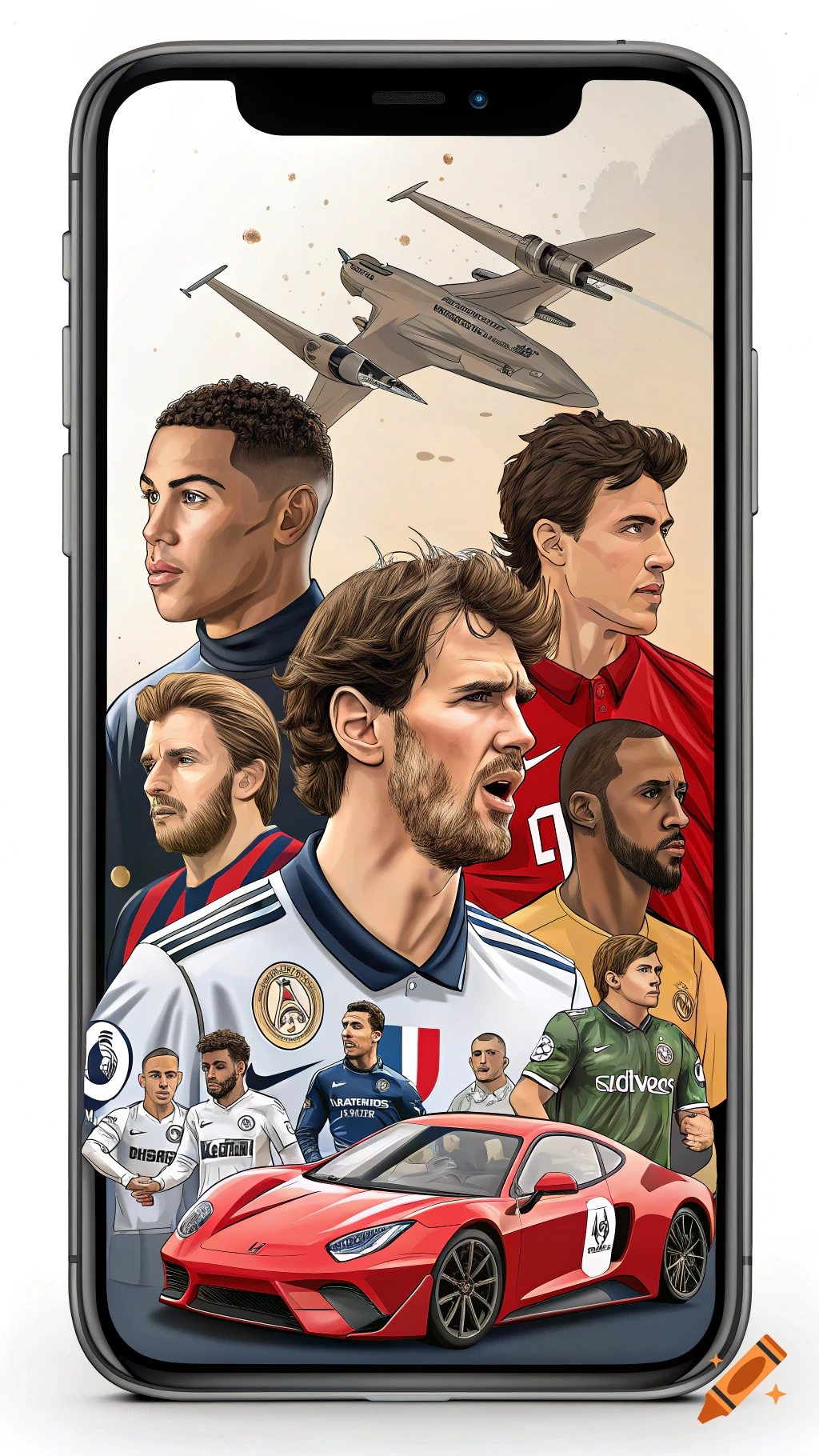 A stylized phone background featuring a collage of male athletes and pop culture characters, with two fighter jets and a red sports car.