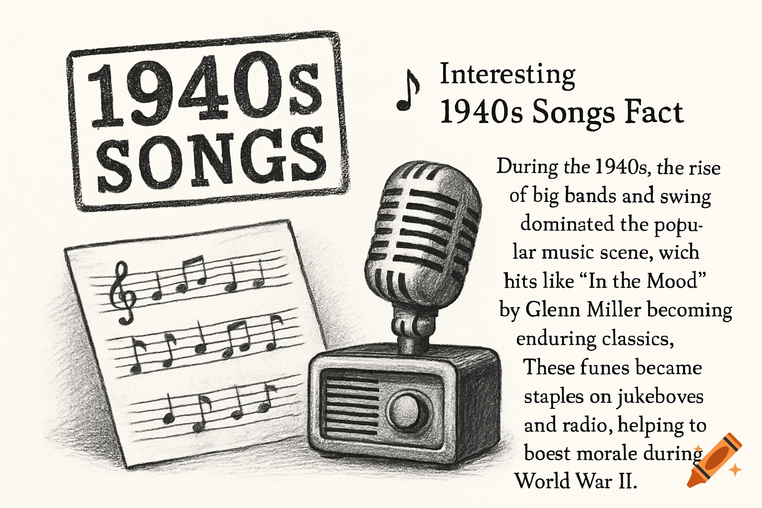 Pencil sketch of a vintage microphone, radio, and sheet music next to a framed '1940s SONGS' title and a fact about 1940s music.