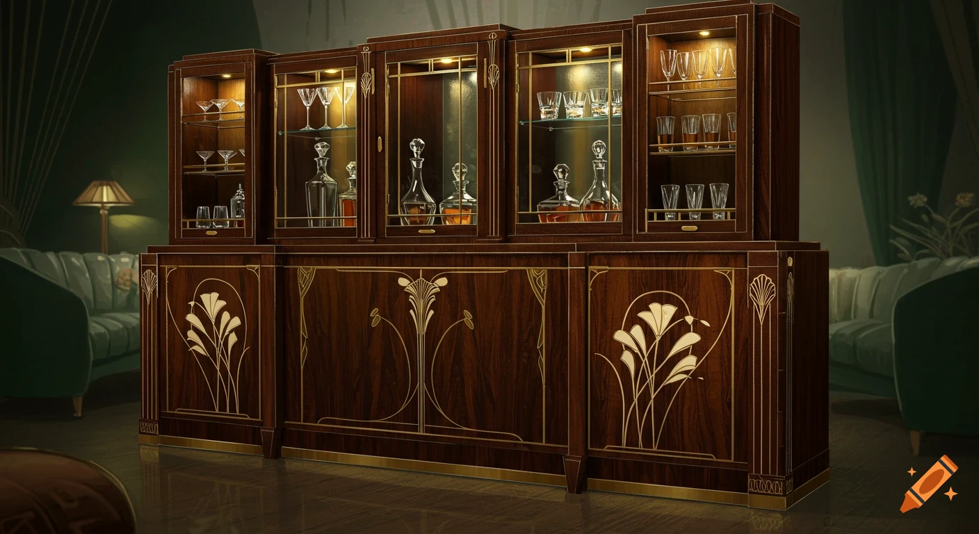 An elegant Art Deco wooden bar cabinet with glass displays, filled with various glasses and decanters, in a dimly lit room with green seating.