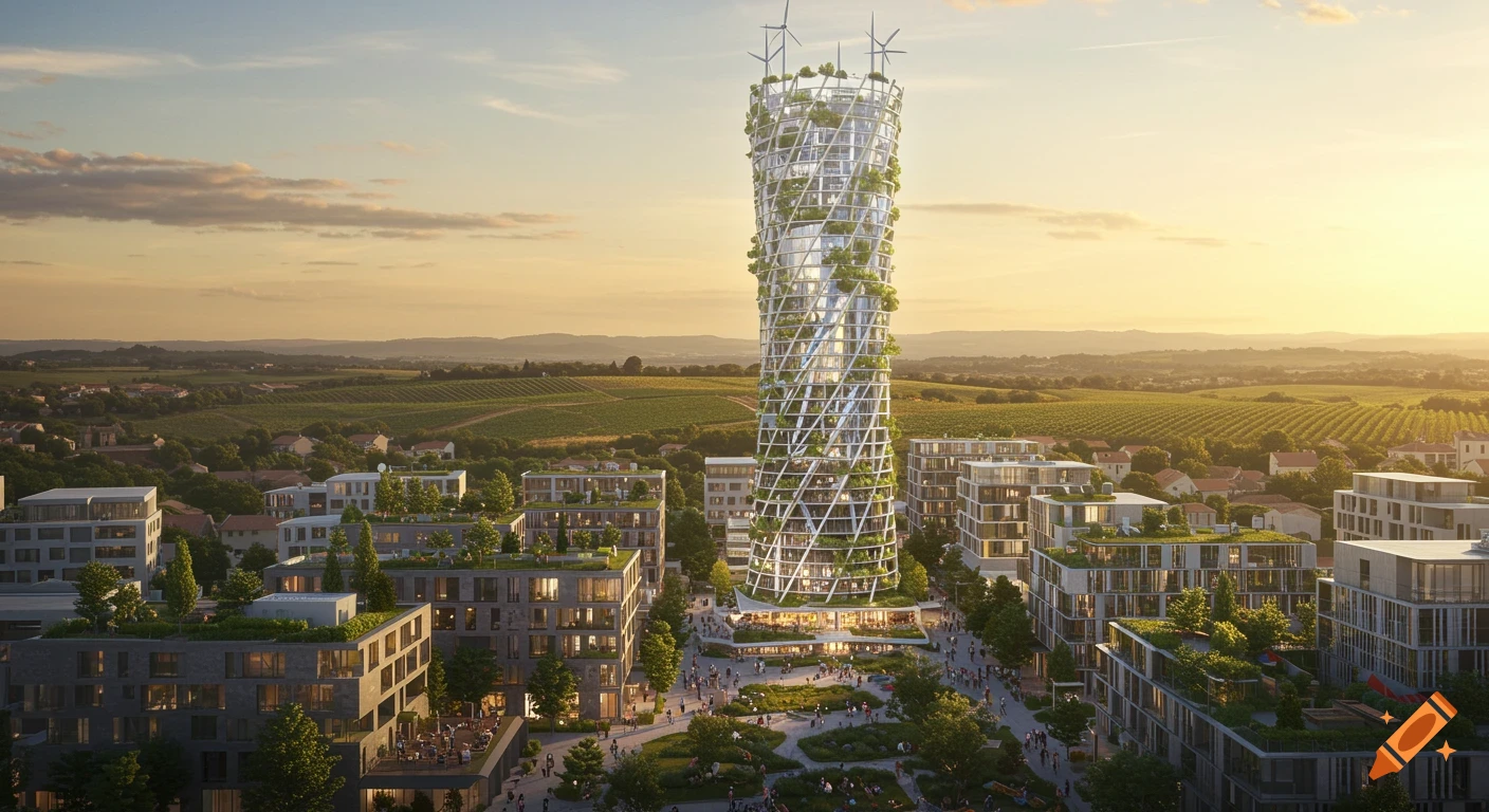 Photorealistic concept art of a futuristic eco-city at golden hour, featuring a twisting green skyscraper and modern buildings.