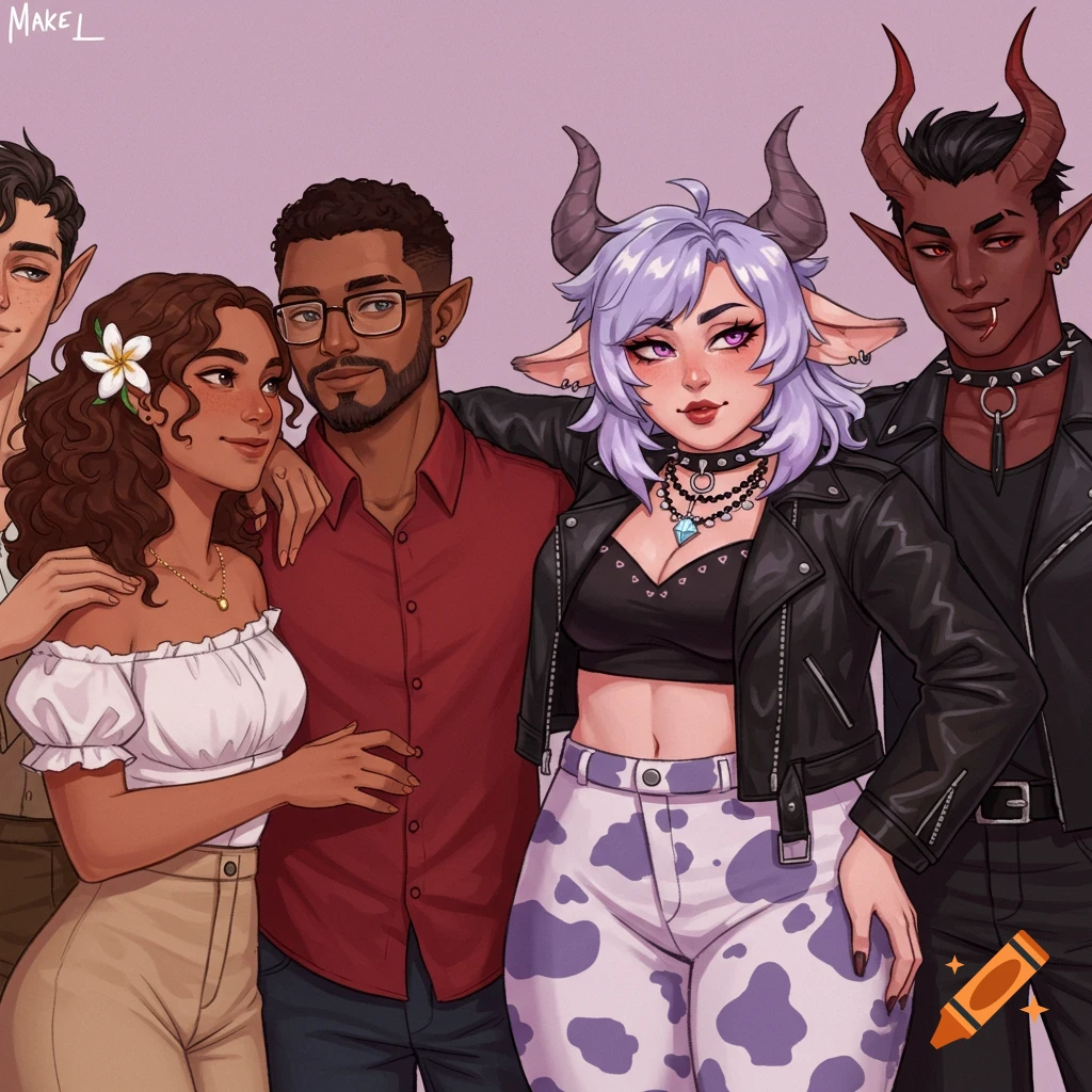 A stylized illustration of five diverse characters, including one with horns and another with cow ears, posing together.