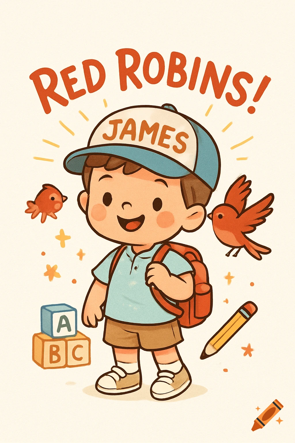 A cheerful cartoon boy with a red backpack and a cap with 'JAMES' written on it, surrounded by red robins, ABC blocks, and a pencil, with 'RED ROBINS!' text above.