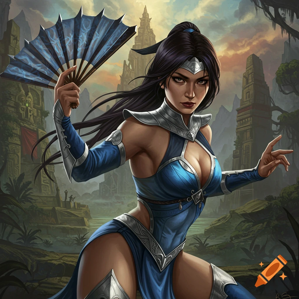 An illustration of a dark-haired woman in a blue fantasy outfit, holding a fan, standing in a jungle ruin setting.