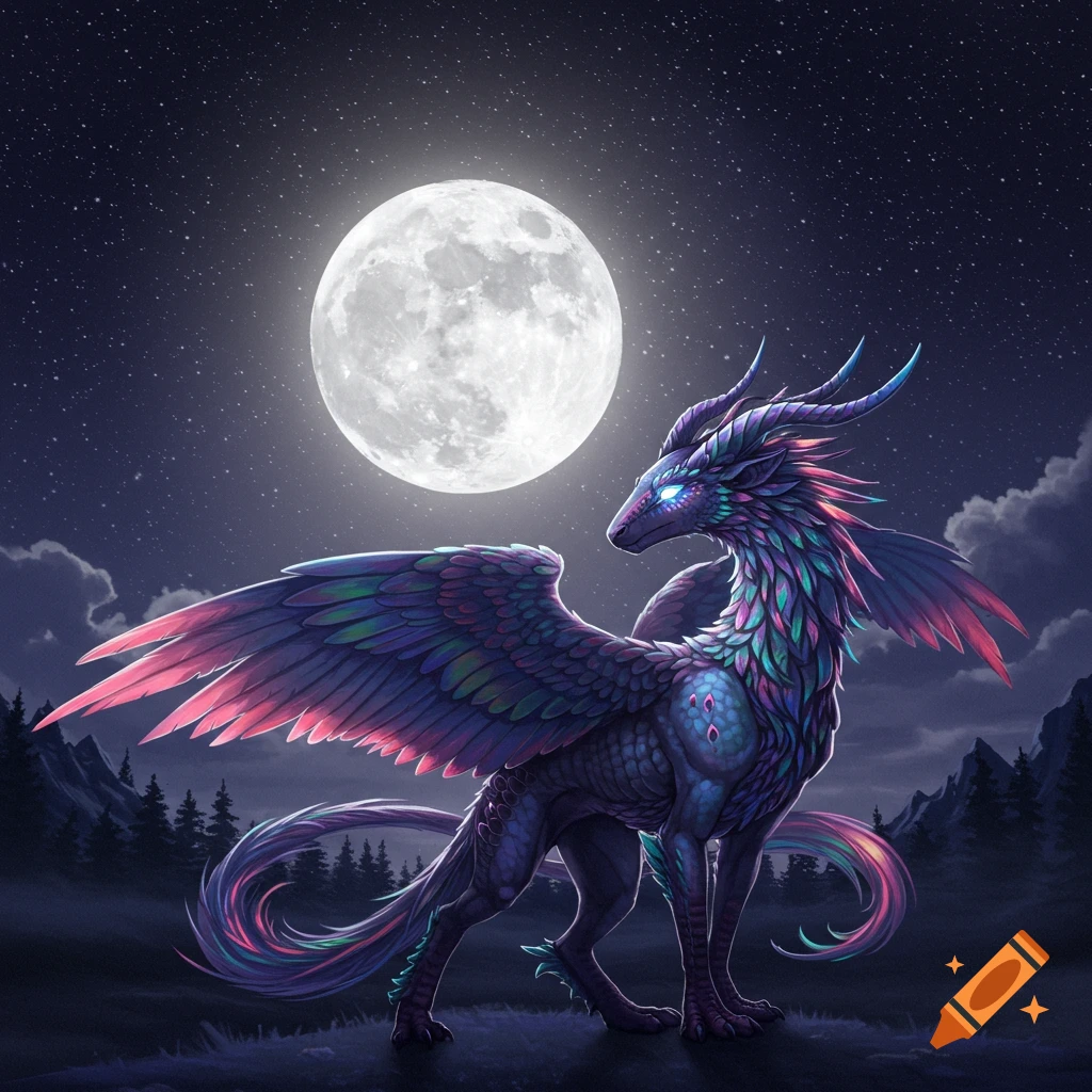 A vibrant, iridescent dragon-like creature with large wings stands under a full moon in a starry night sky, with dark mountains and trees.