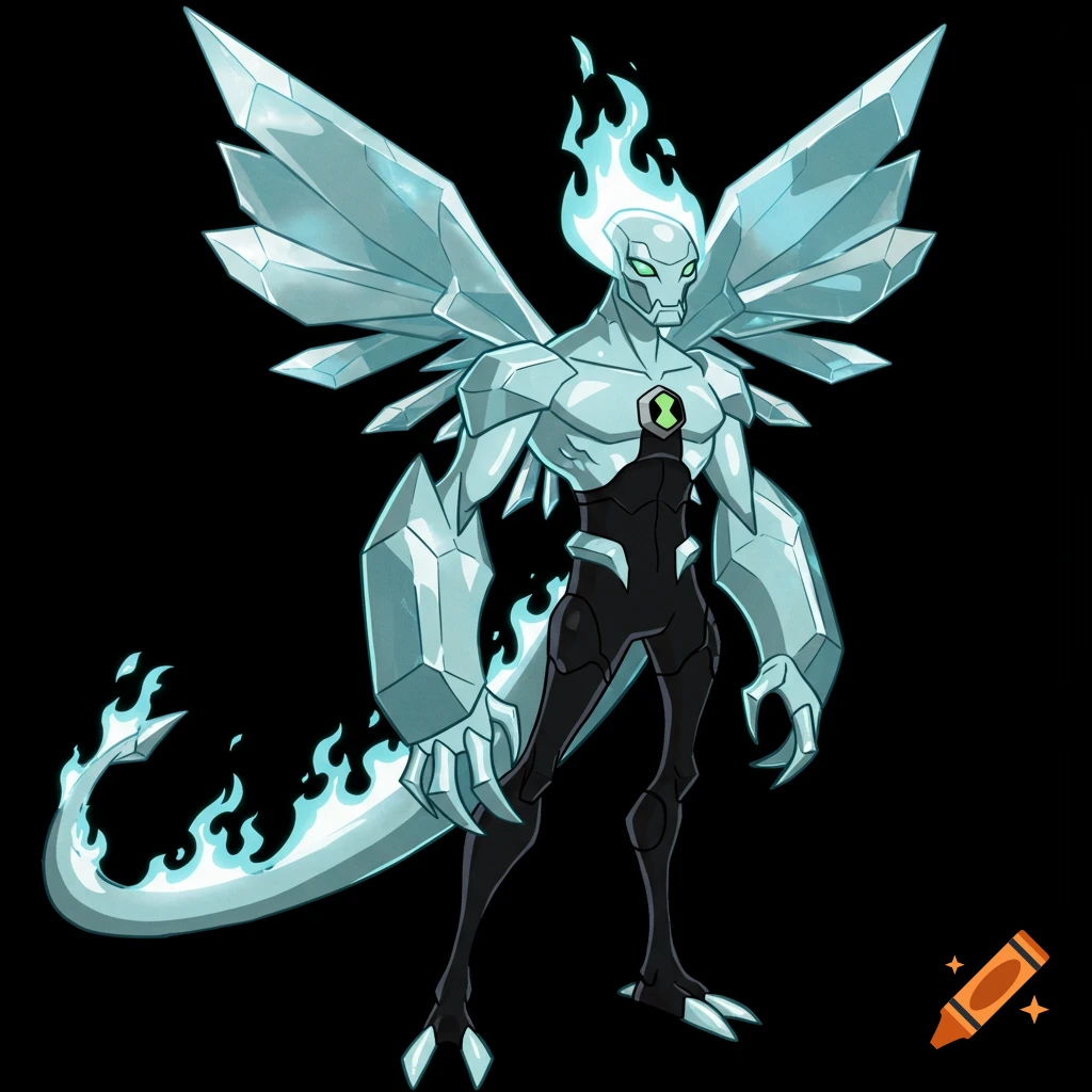 An alien character with a crystalline body, large crystal wings, and light blue flames on its head and tail, standing on a black background.