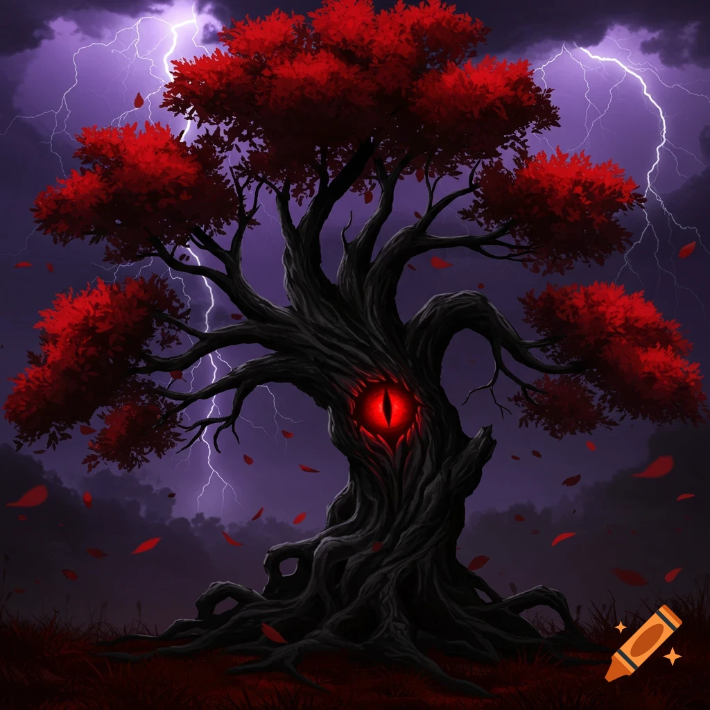 A dark, gnarled tree with vibrant red leaves and a glowing red eye embedded in its trunk, set against a stormy purple sky with lightning.