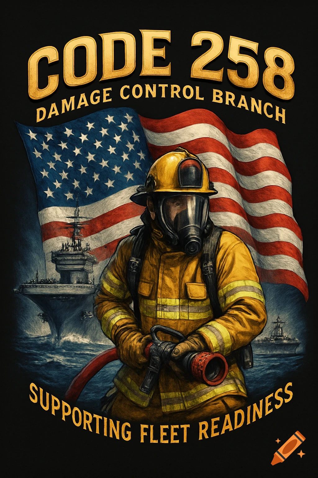Illustration of a firefighter in yellow gear and gas mask, holding a hose, with a US flag and Navy ships in the background. Text reads 'CODE 258 DAMAGE CONTROL BRANCH SUPPORTING FLEET READINESS'.