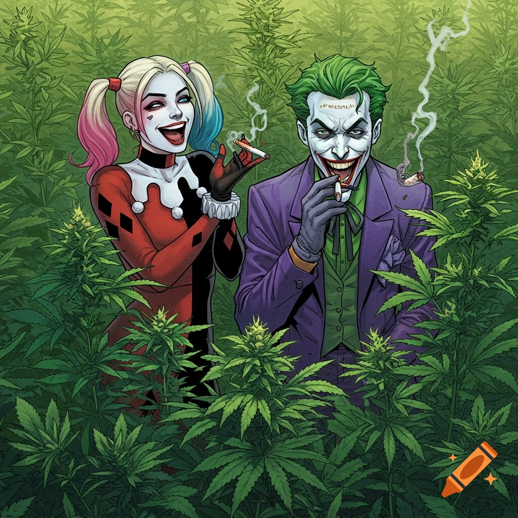 Harley Quinn and Joker smoke in a cannabis field, comic art style.