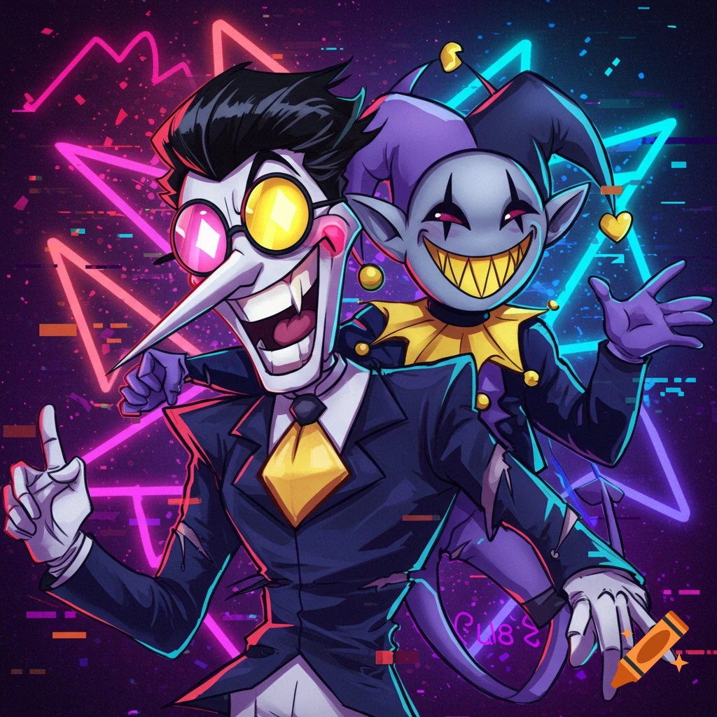 Stylized illustration of two cartoon characters from Deltarune, Spamton and Jevil, against a vibrant neon geometric background.