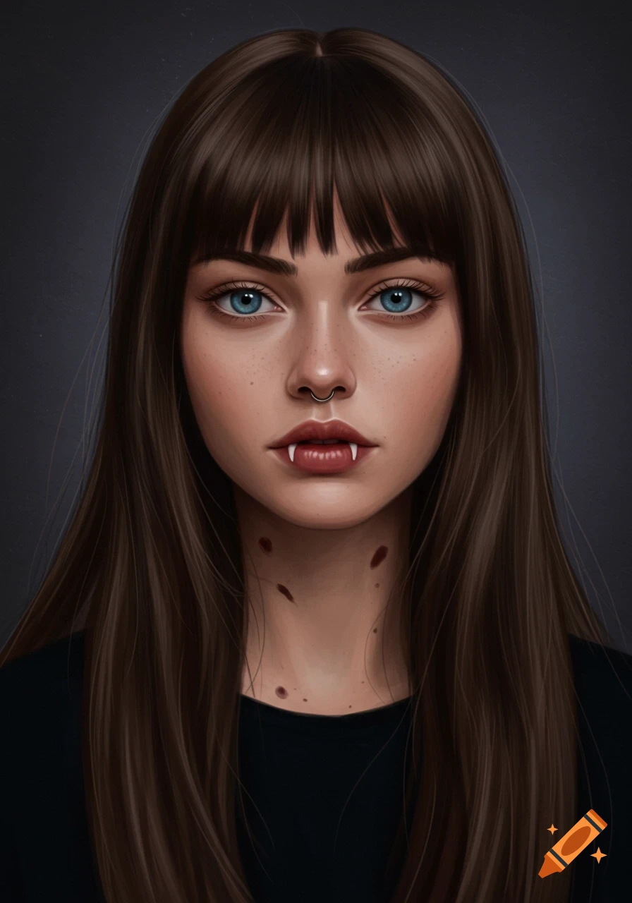 A close-up portrait of a brunette woman with blue eyes, a nose ring, and subtle vampire fangs with small bite marks on her neck, in a dark, stylized setting.