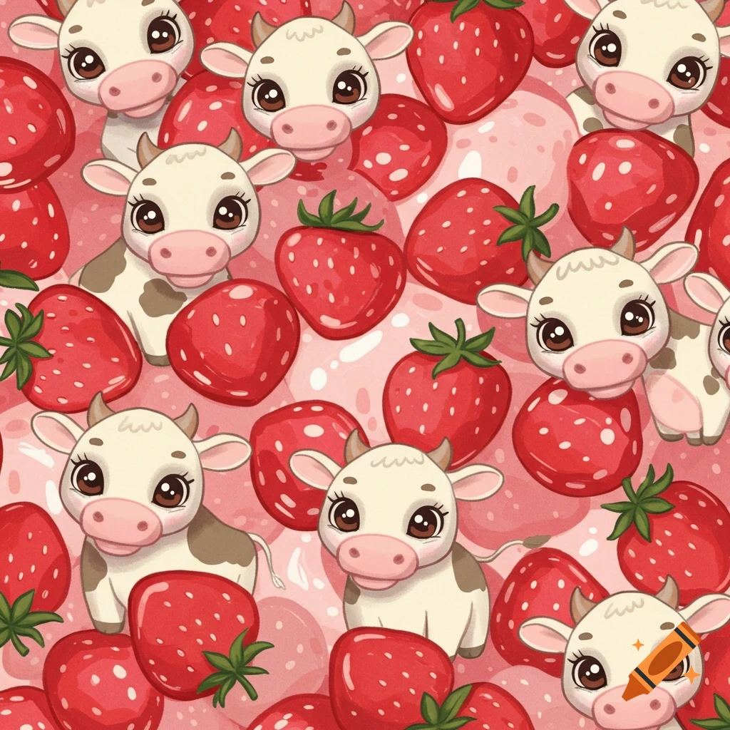 Seamless pattern of cute cartoon cows and red strawberries on a light pink background.