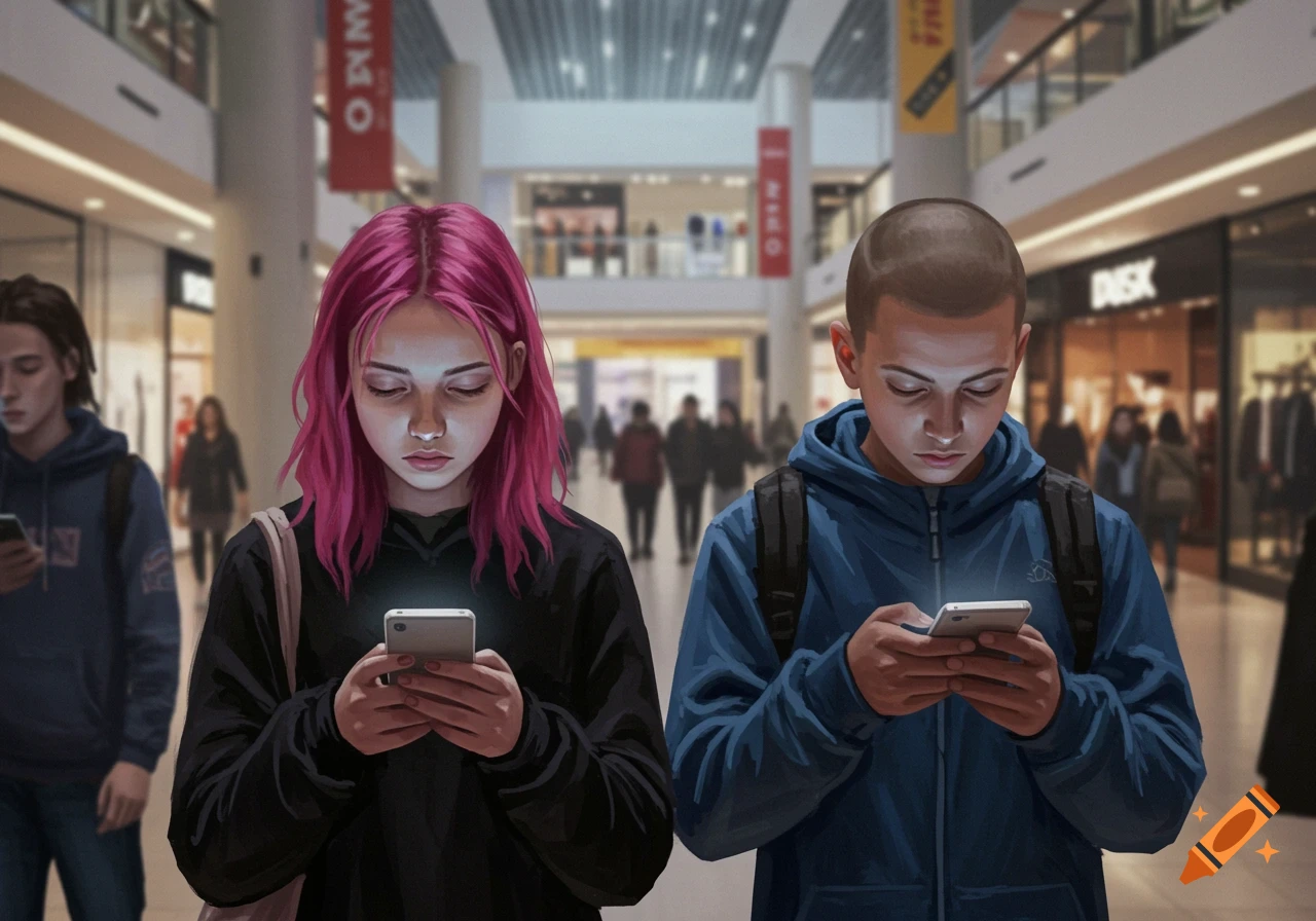 Two stylized teens, a girl with pink hair and a boy, look down at their glowing cell phones in a bustling mall.