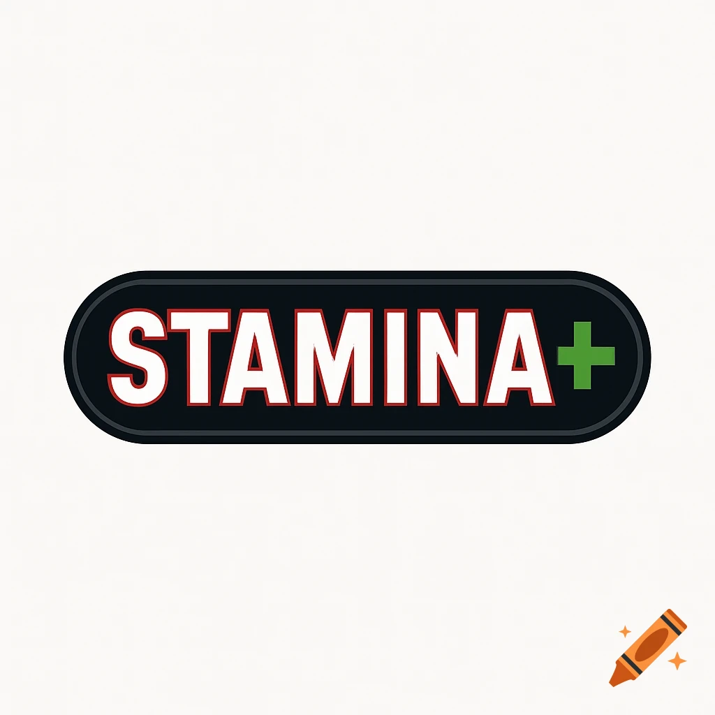 A black pill-shaped logo with the white text 'STAMINA+' outlined in dark red, and a green medical cross symbol.