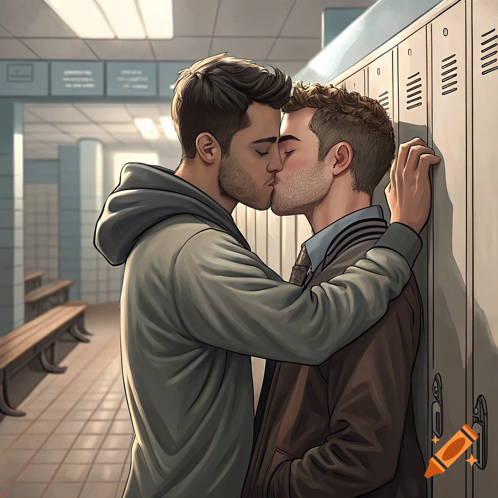 Two men sharing a kiss in a locker room, rendered in a comic art style.
