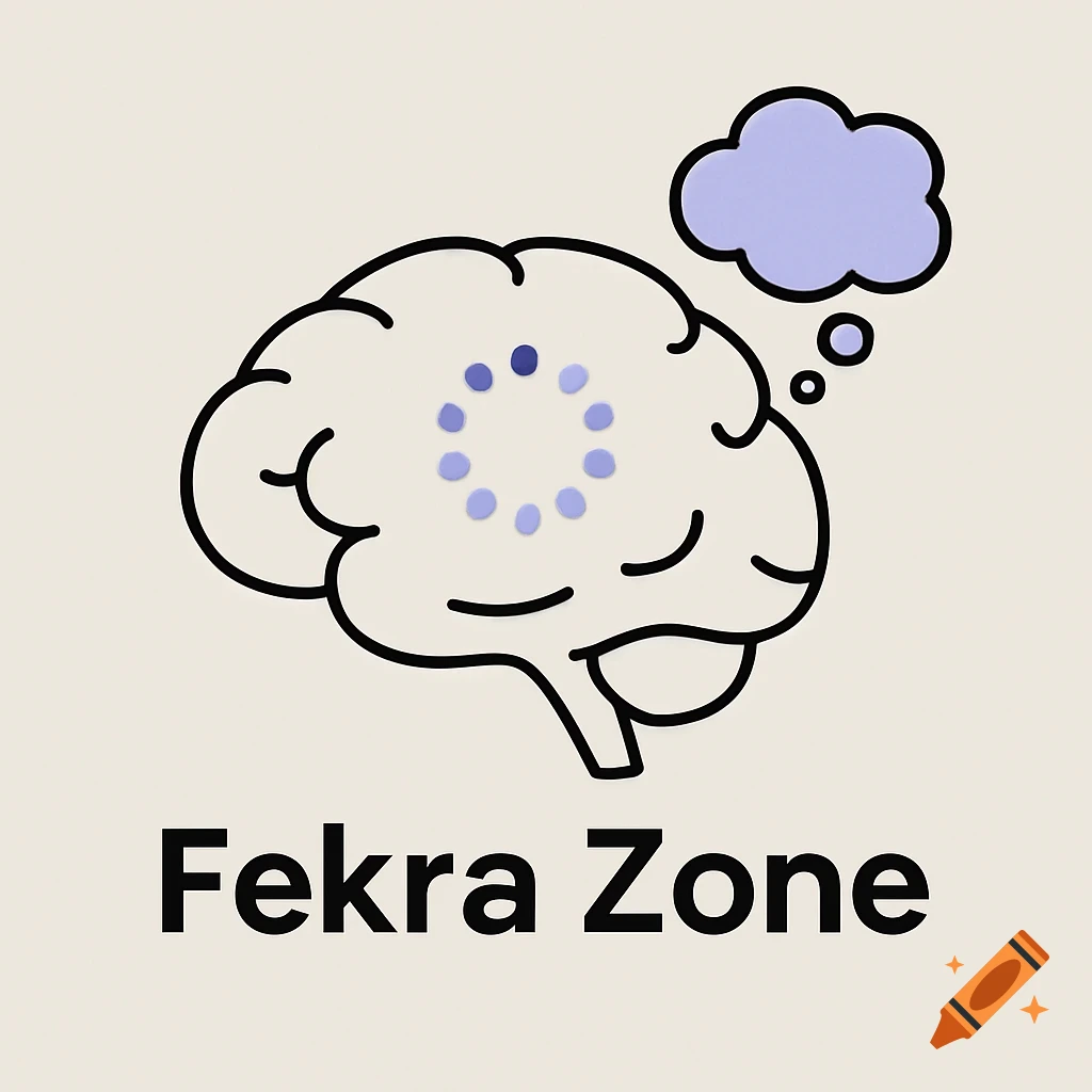 Minimalist illustration of a brain with a loading icon and thought bubble, with "Fekra Zone" text below.