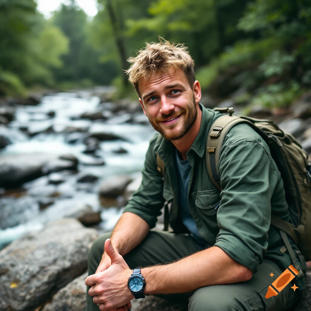 A man with a beard and a backpack sits smiling by a river in a forest, giving a thumbs up.
