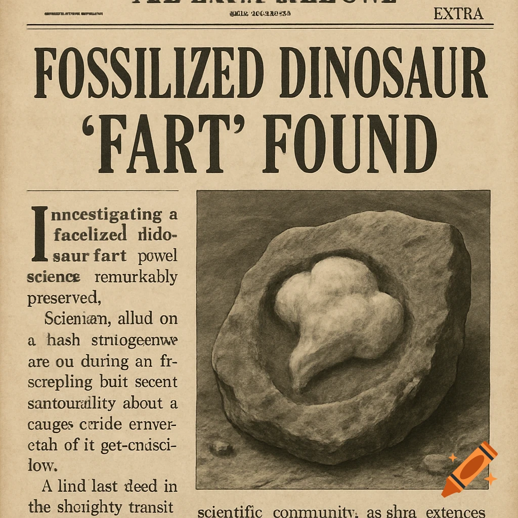 A humorous fake newspaper article with a large headline reading "FOSSILIZED DINOSAUR 'FART' FOUND," next to an illustration of a cloud-shaped fossil embedded in rock.